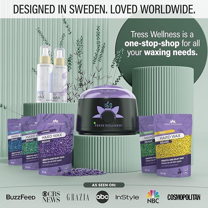 Tress Wellness Waxing Kit for Sensitive Skin – Safe for Face & Skin, Prep & Aftercare Spray, Easy to Use – At-Home Kit for Face, Bikini, Brazilian & Full Body - Digital Display, Green Mountain-Velvo Beauty
