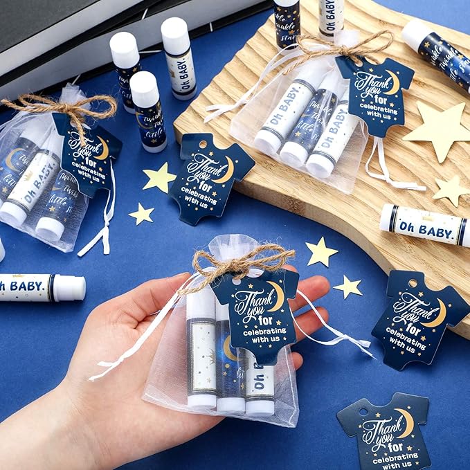 Demissle 50 Pcs Baby Shower Lip Balm Gift Set with 100 Pcs Organza Bags Baby Shower Party Favor for Guest Thank You Tag Rope Baby Shower Party Decoration Gender Reveal Souvenirs(Night)-Velvo Beauty