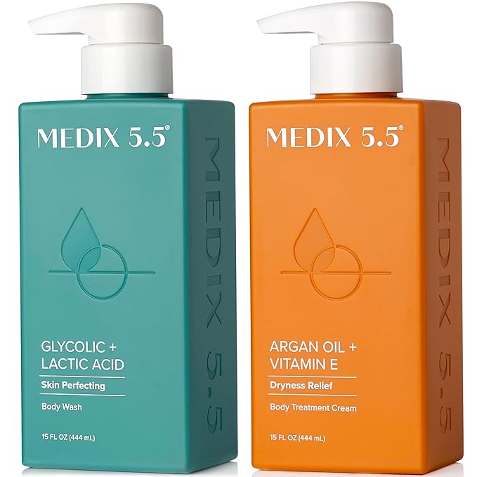 MEDIX 5.5 Glycolic Acid Exfoliating Face & Body Scrub Cleanser + Argan Oil Moisturizing Body Cream Lotion 2PC Skin Care Set | Alpha Hydroxy Acid & Lactic Acid Foaming Body Wash & Face Wash, 2PC Set-Velvo Beauty