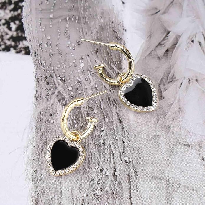 Vintage Crystal Heart Drop Earrings Black Heart Onyx Earrings Black Heart Hoop Huggie Earrings Gold Cz Love Heart Earrings Jewelry for Women-Velvo Beauty