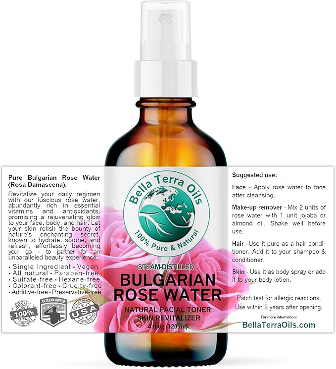 Bella Terra Oils - Organic Rose Water Mist 4 oz - Capture The Bulgarian Rose Essence, Perfect as a Gentle Rosewater Face Mist, Free from Synthetics-Velvo Beauty