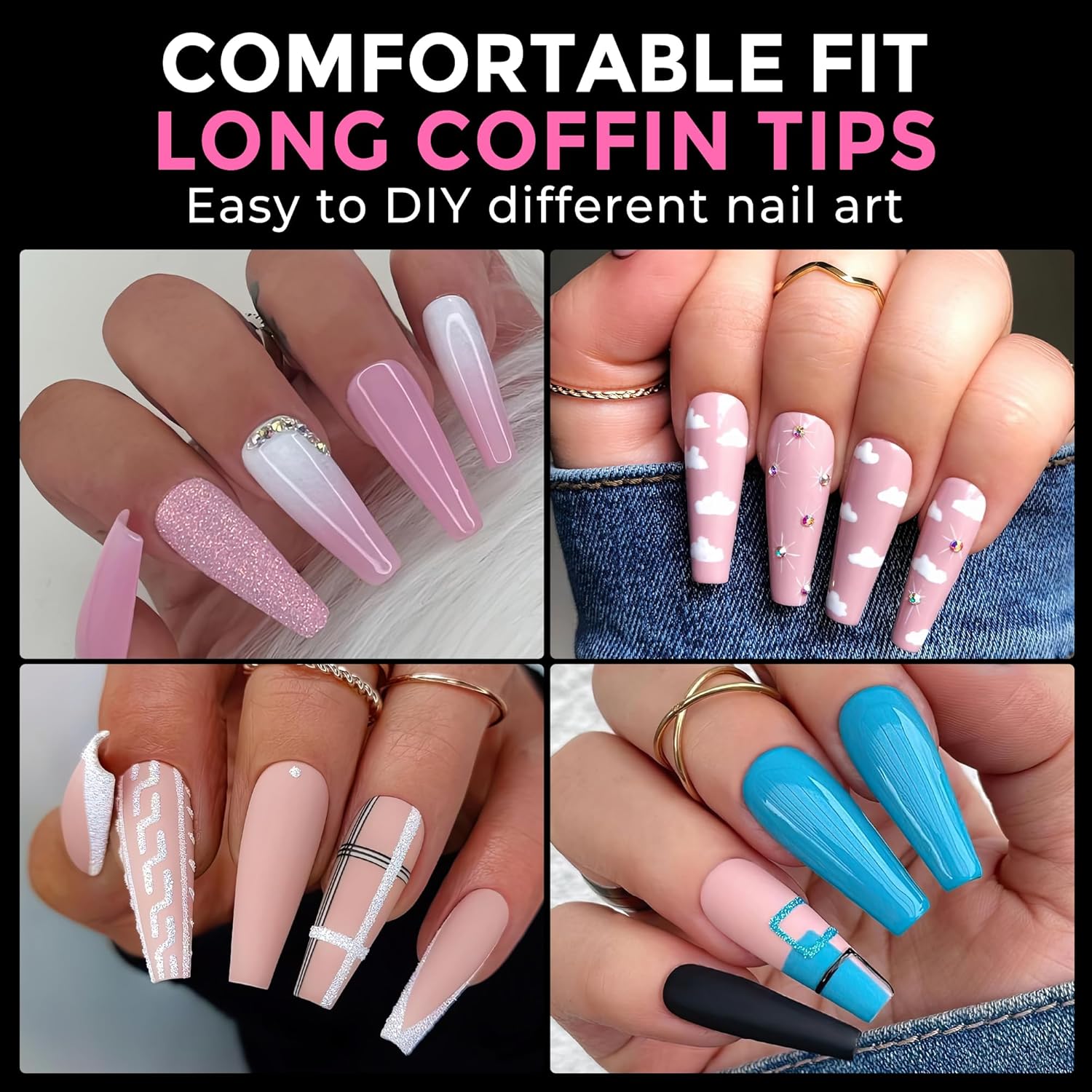 UNA GELLA Long Coffin Nail Tips: 216pcs Coffin Acrylic Fake Nails Full Cover Gel Nail Tips Press On Nails Clear Tips for Nail Extension DIY Salon 12 Sizes-Velvo Beauty