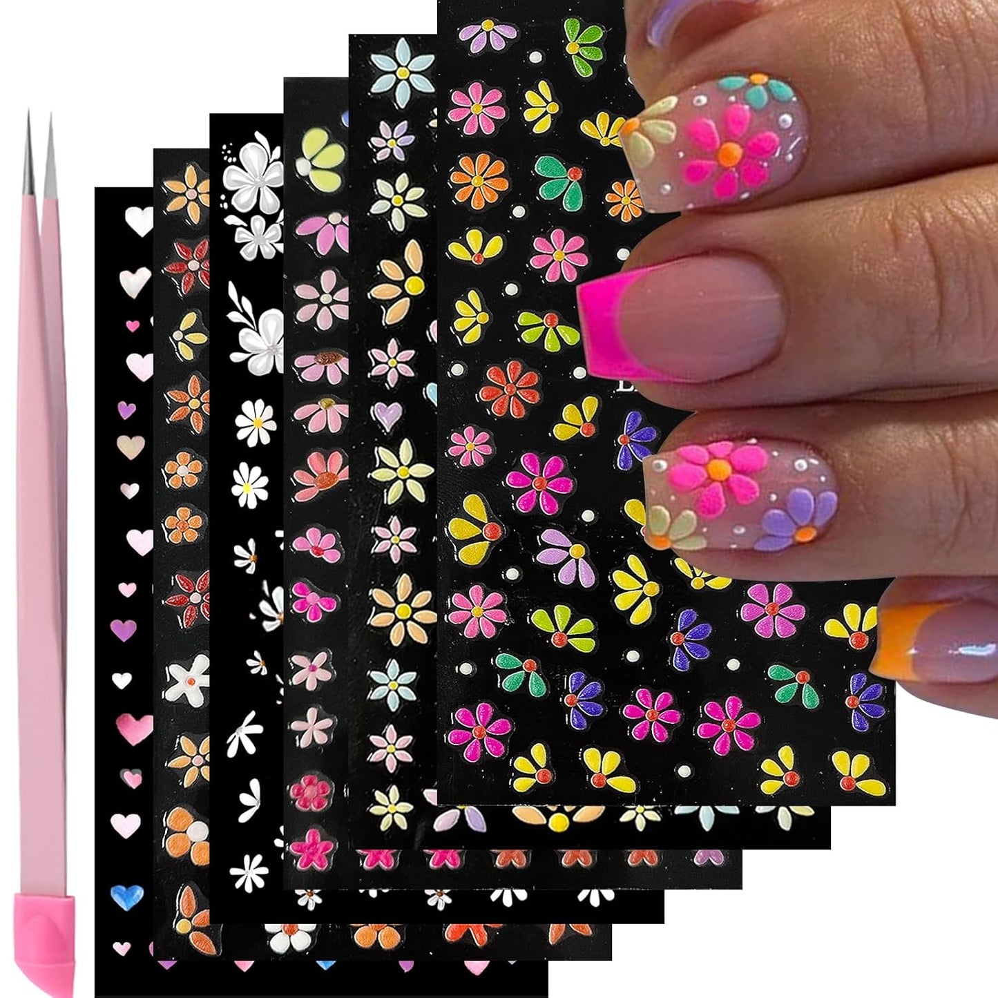 Flower Nail Art Stickers Decals 5D Embossed Nail Decals Spring Summer Nails Design Self-Adhesive Supplies Accessories 3D Flower for Women Nails DIY Decoration(6 Sheets)-Velvo Beauty