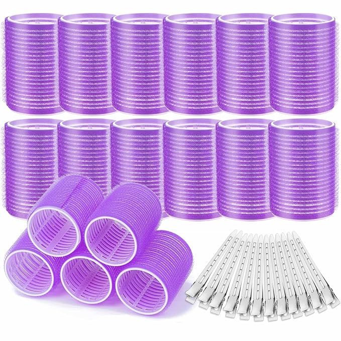 Acejoz Hair Rollers, 12Pcs Large Self-Grip Hair Curlers with 12Pcs Stainless Steel Duckbill Clips, for Long Medium Thick Hair Volume (Purple)-Velvo Beauty
