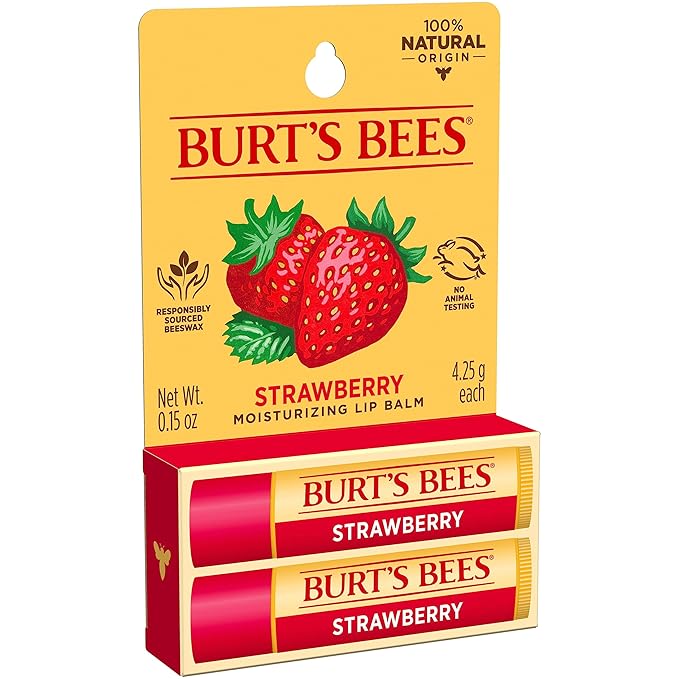Burt's Bees Lip Balm Mothers Day Gifts for Mom - Strawberry, Lip Moisturizer With Responsibly Sourced Beeswax, Tint-Free, Natural Origin Conditioning Lip Treatment, 2 Tubes, 0.15 oz.-Velvo Beauty