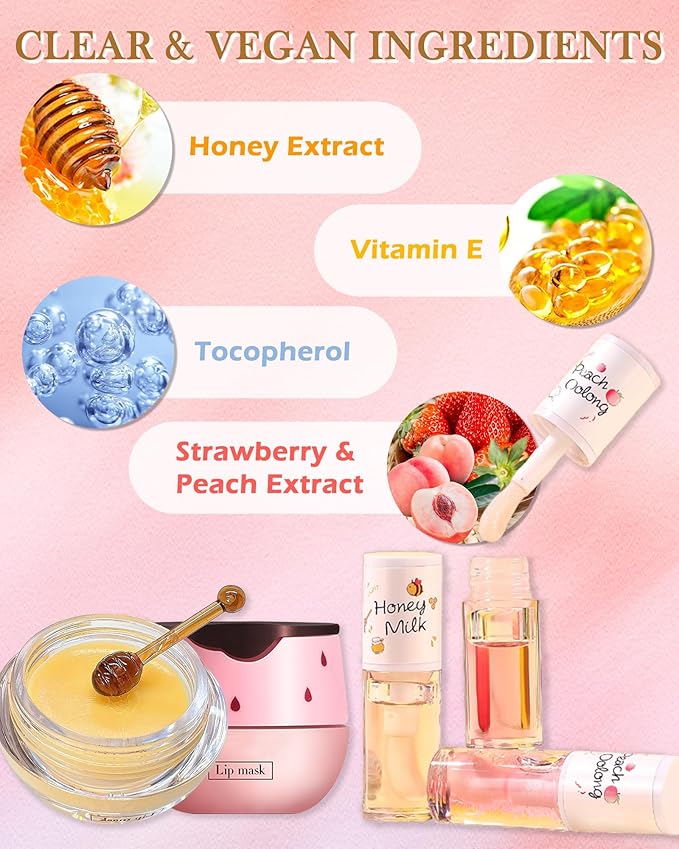 2Pcs Bee Lip Balm Honey Pot Lip Mask & Lip Glowy Oil Lip Care Set, Propolis Moisturize & Nourish Lip Gloss Repair Treatment, Reduce Lip Line & Protect & Plump Dry Cracked Lip Scrub Exfoliator -Set A-Velvo Beauty
