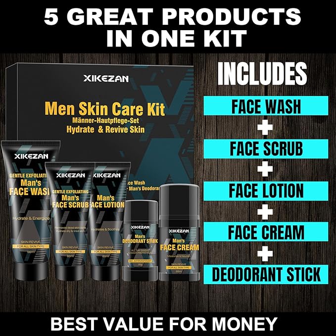 Mens Gifts for Men,Mens Skin Care Kit,Nourishe & Hydrate Skin w/Face Wash,Scrub,Lotion,Cream,Deodorant,Mens Stocking Stuffers for Men,Unique Christmas Gifts for Men Him Dad Husband Boyfriend Teen Boy-Velvo Beauty
