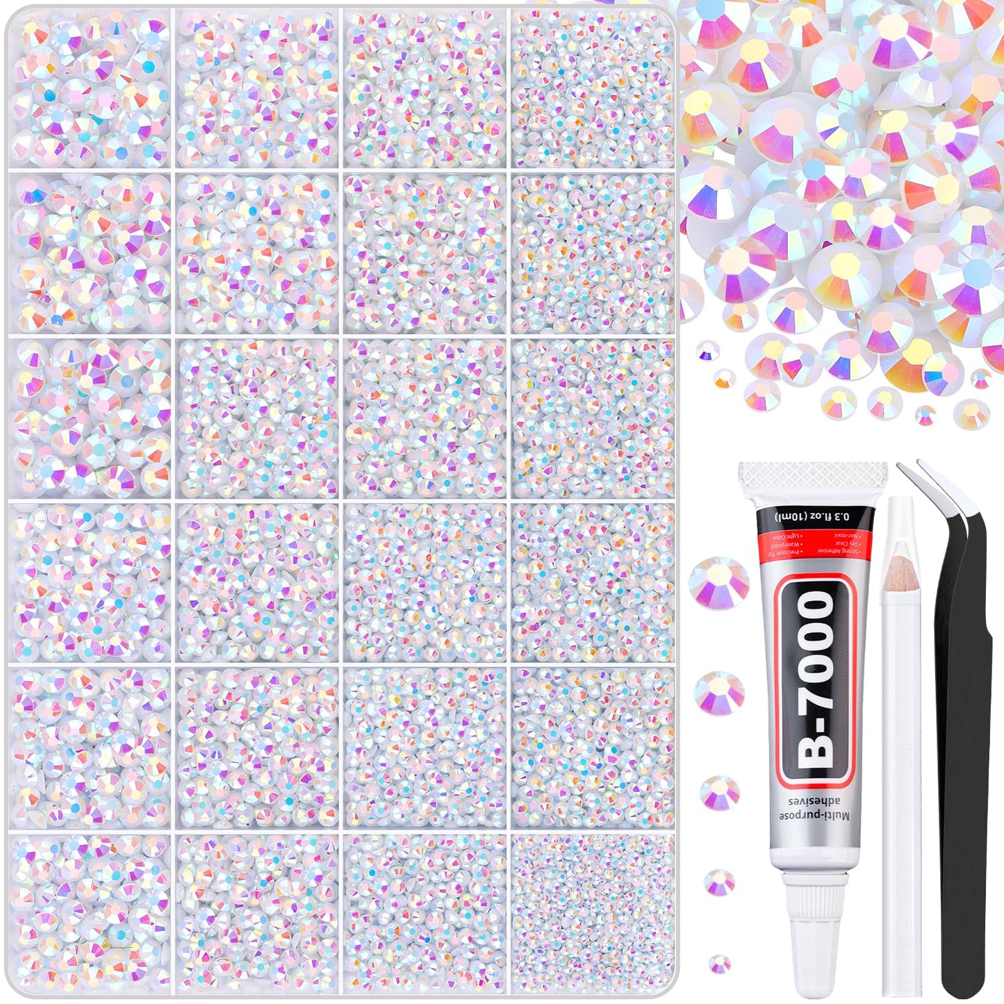30000Pcs White AB Rhinestones for Bedazzling with B7000 Jewelry Glue, Bedazzler Kit Flatback Gems, Resin Rhinestones for Crafting Crafts Clothing Shoes Fabric Nail Art Assorted Size 2/3/4/5/6mm-Velvo Beauty