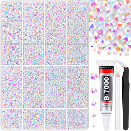 30000Pcs White AB Rhinestones for Bedazzling with B7000 Jewelry Glue, Bedazzler Kit Flatback Gems, Resin Rhinestones for Crafting Crafts Clothing Shoes Fabric Nail Art Assorted Size 2/3/4/5/6mm-Velvo Beauty