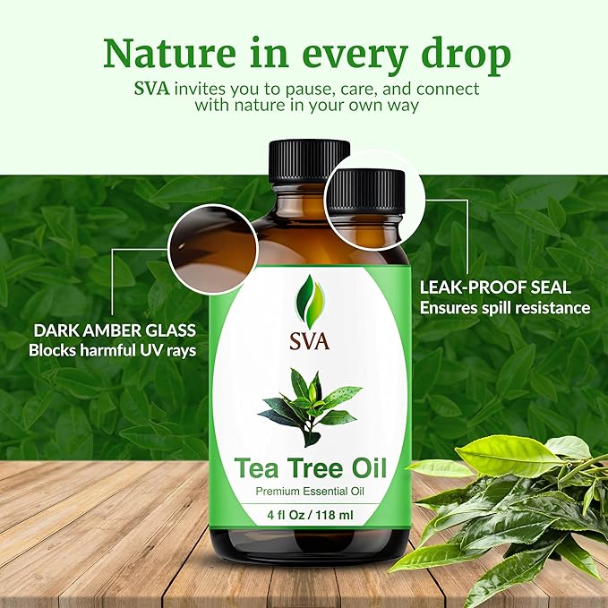 SVA Tea Tree Essential Oil – 4 Fl Oz – 100% Natural Tea Tree Oil - for Diffuser, Hair Care, Face, Skin Care, Aromatherapy, Scalp and Body Massage, Soap and Candle Making – with Dropper-Velvo Beauty