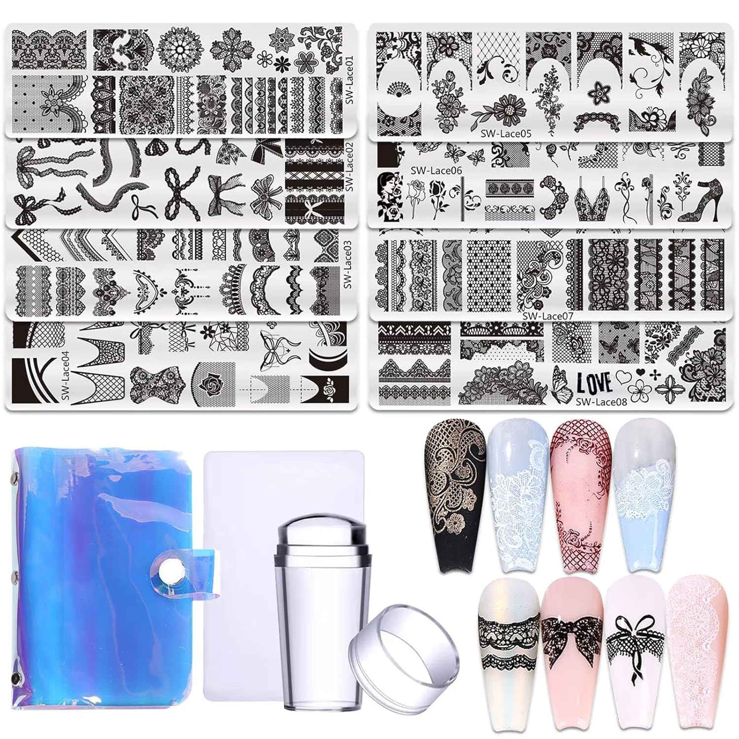 Lace Nail Stamping Plate Set - French Tip Stamp Silicone Nail Stamper Kit Bow Lace Design with Nail Stamp Plates Laser Storage Bag Nail Art Stencil Nail Supplies for Home DIY &Professional Salon-Velvo Beauty