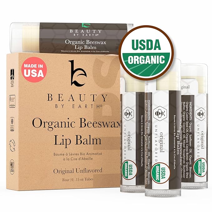 Organic Lip Balm - 4 Pack Unflavored Organic Gifts for Women, All Natural Lip Balm, Birthday Gifts for Her & Him, Lip Balm Hydrating Beauty Gifts, Lip Moisturizer, Mens Gift Ideas-Velvo Beauty