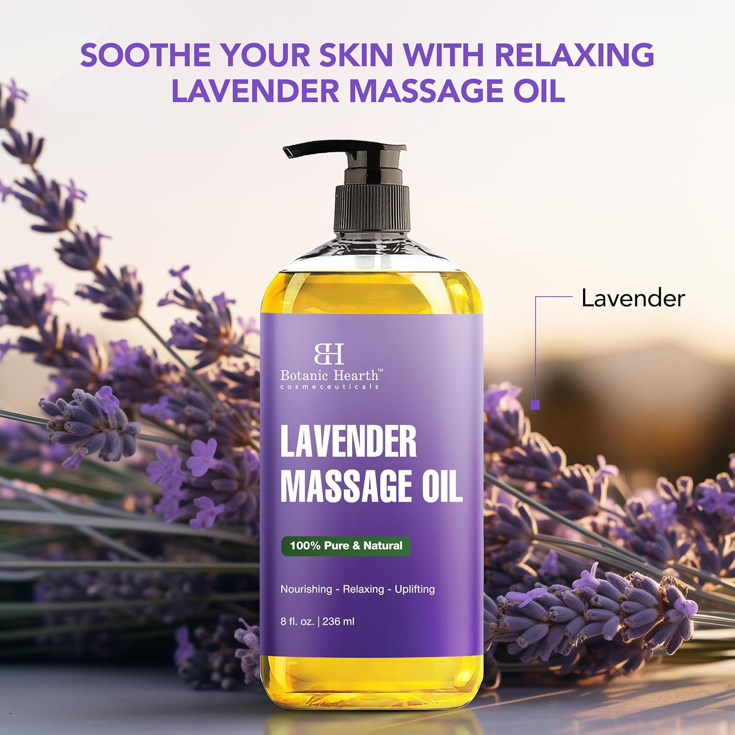 Lavender Massage Oil with Pure Lavender Oil (8 Fl Oz) Skin Tightening Massage Oil for Massage Therapy and Instant Absorption for Bum Thighs and Belly by Botanic Hearth-Velvo Beauty