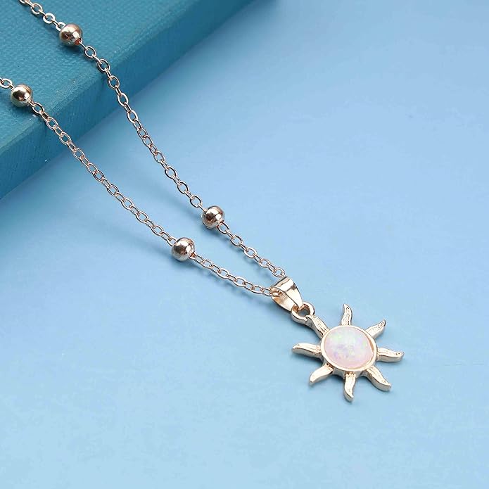 Vintage Opal Crystal Sun Pendent Necklace Opal Sunburst Necklace Moonstone Sun Choker Necklace Gold Ball Chain Necklace Jewelry for Women (Gold)-Velvo Beauty