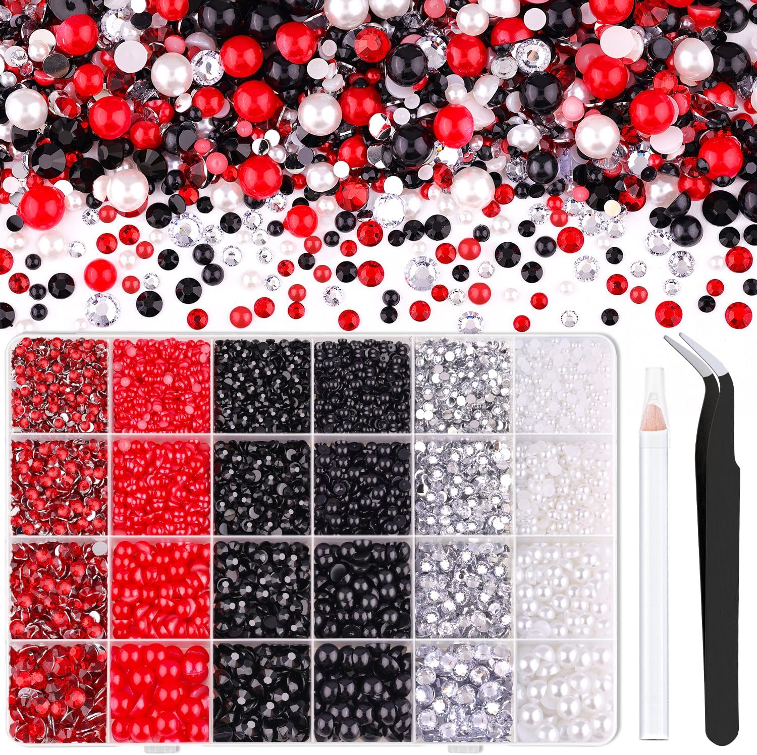 9000PCS Flatback Pearls and Rhinestones for Crafting, Red White Black Mixed Size 3-10mm Resin Rhinestones and Half Pearls for Bedazzling, Nail Art and Decoration with Tweezer and Pickup Pencil-Velvo Beauty