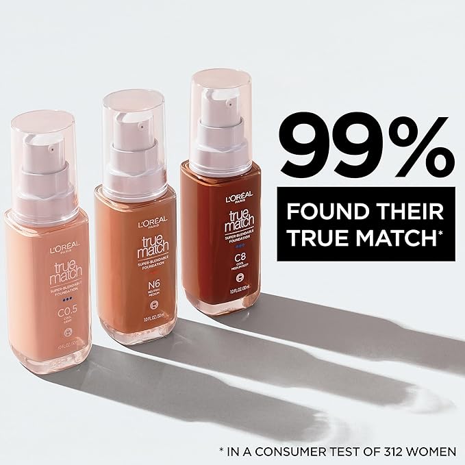 L'Oreal Paris True Match Super-Blendable Foundation, Medium Coverage Liquid Foundation Makeup, N6.5, Medium Deep, 1 Fl Oz-Velvo Beauty