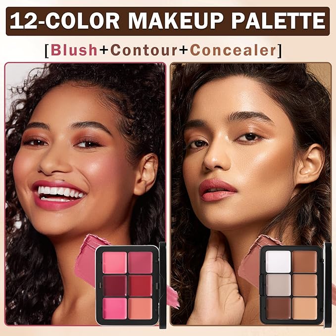 12 Colors Cream Blush Palette Cream Concealer Foundation Palette,Natural Matte Face Makeup Palette with Brush-Velvo Beauty