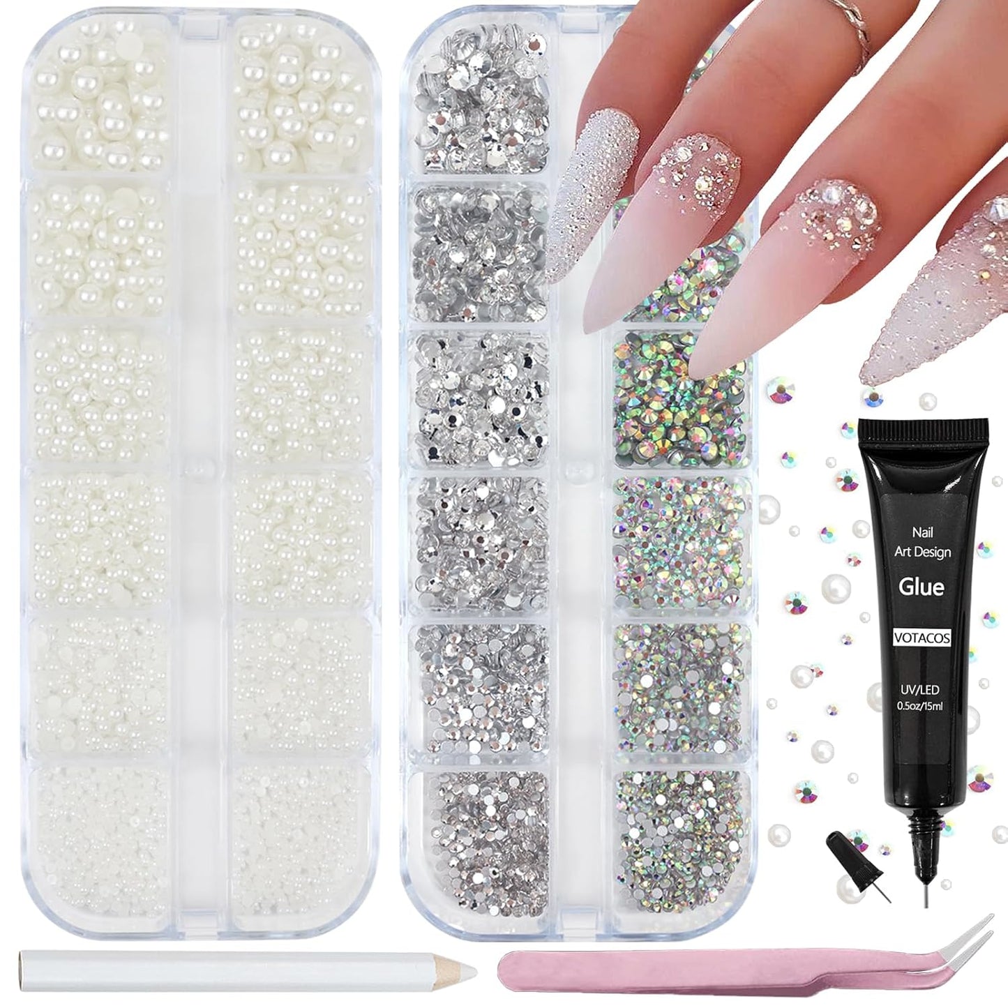 Nail Art Pearls Rhinestones with Glue Gel White Flatback Pearls Luxurious Nail Charms Supplies Accessories Colorful Nails Rhinestones Gems Jewelry for Women Nails Design-Velvo Beauty