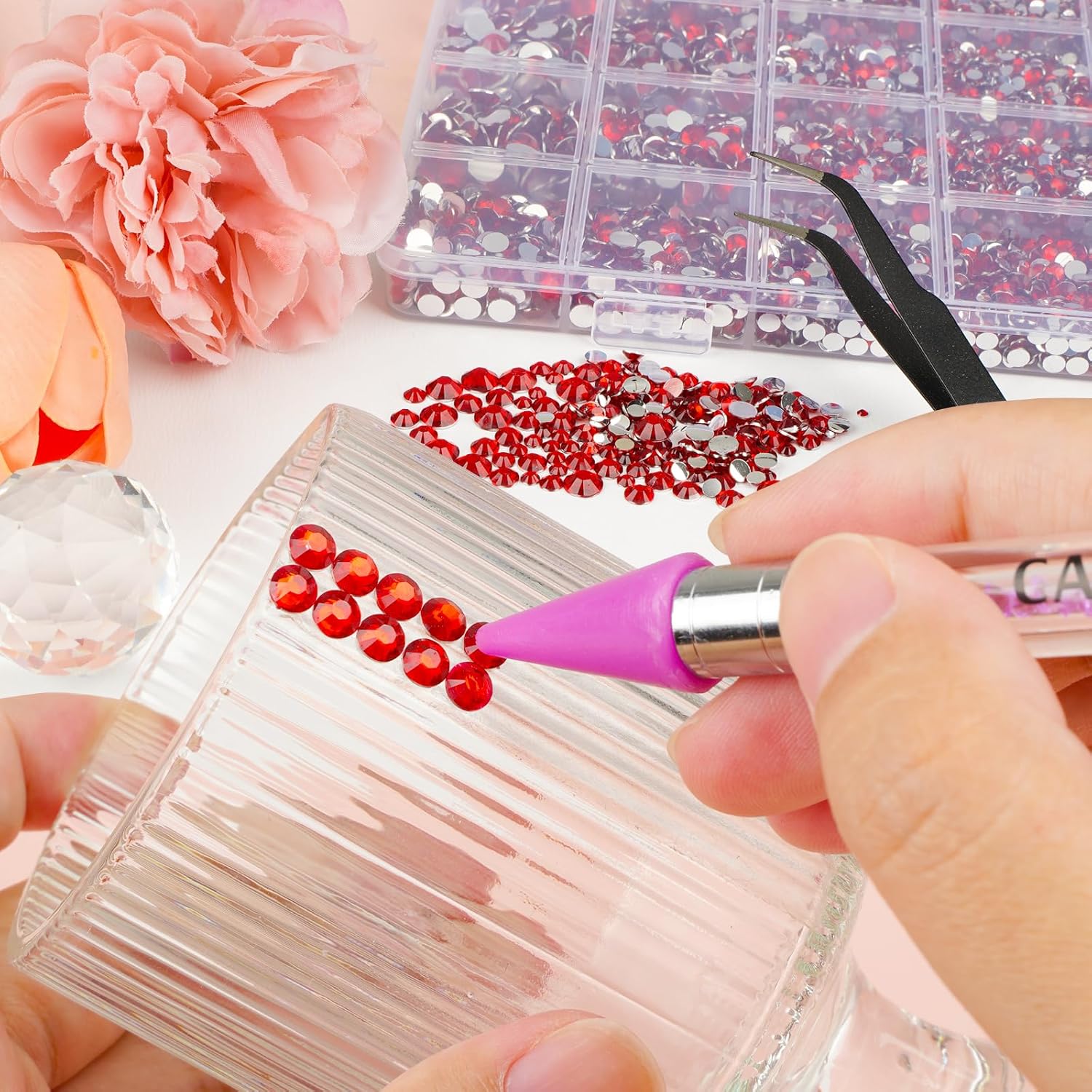 Canvalite 25000PCS Resin Jelly Rhinestones for Crafting,Red Flatback Gems, Bedazzling Crystal with 5Pcs 2.5g B7000 Jewelry Glue and Tweezers and Dotting Pen for DIY Crafts Clothing Shoes Nail Art-Velvo Beauty
