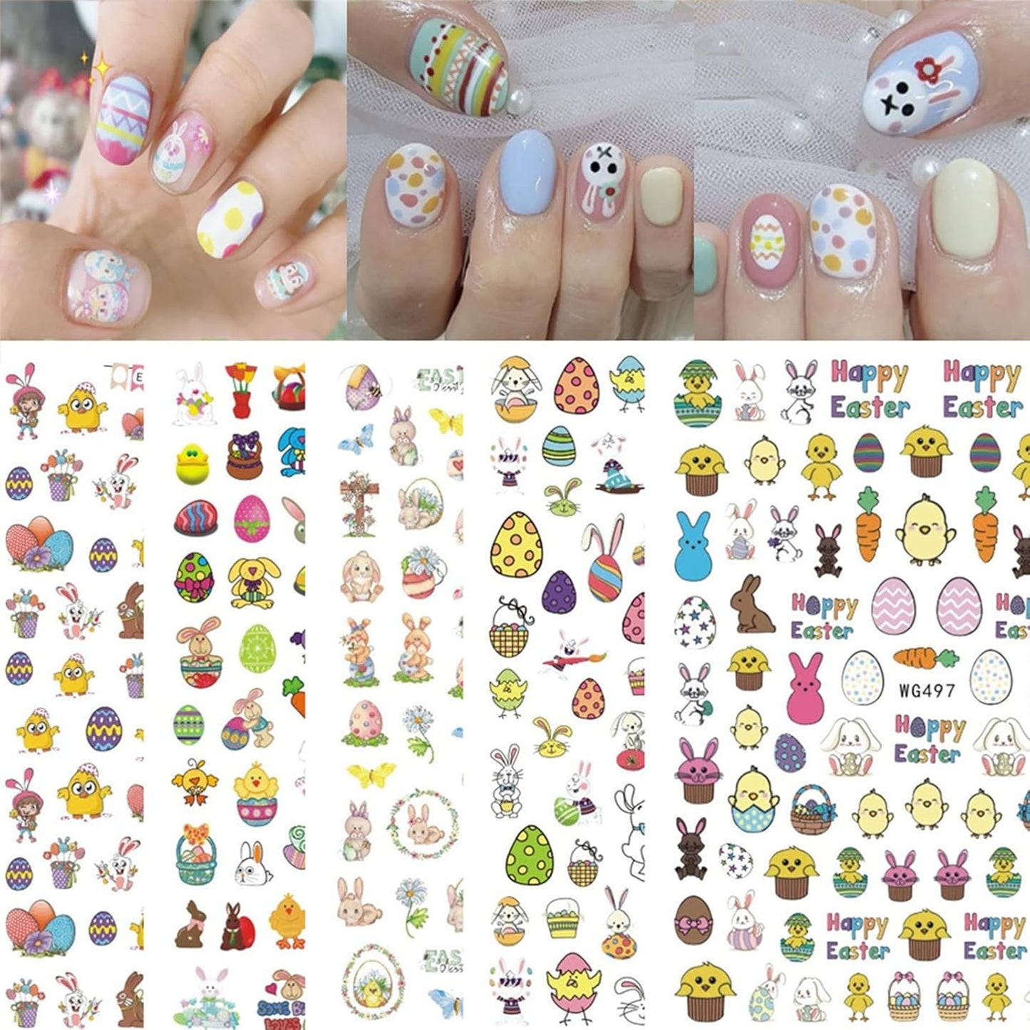 Easter Nail Stickers Rabbit Decals Cute Cartoon Bunny Eggs Chicks Stickers for Women Girls Nail Art Decorations Manicure Finger Tip Decor 10sheets 3D Self-Adhesive Decals-Velvo Beauty
