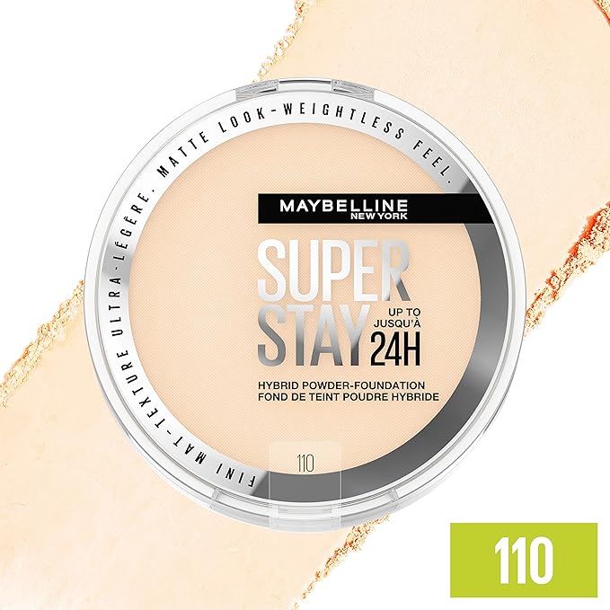 Maybelline Super Stay Up to 24HR Hybrid Powder-Foundation, Medium-to-Full Coverage Makeup, Matte Finish, 110, 1 Count-Velvo Beauty