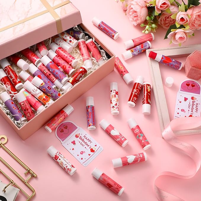 48 Pcs Valentine's Day Cherry Flavored Moisturizing Lip Balm Gloss Lipstick with 48 Pcs Valentine's Day Card Bulk Party Supplies Lip Care Gift Men Women and Children, 12 Styles-Velvo Beauty