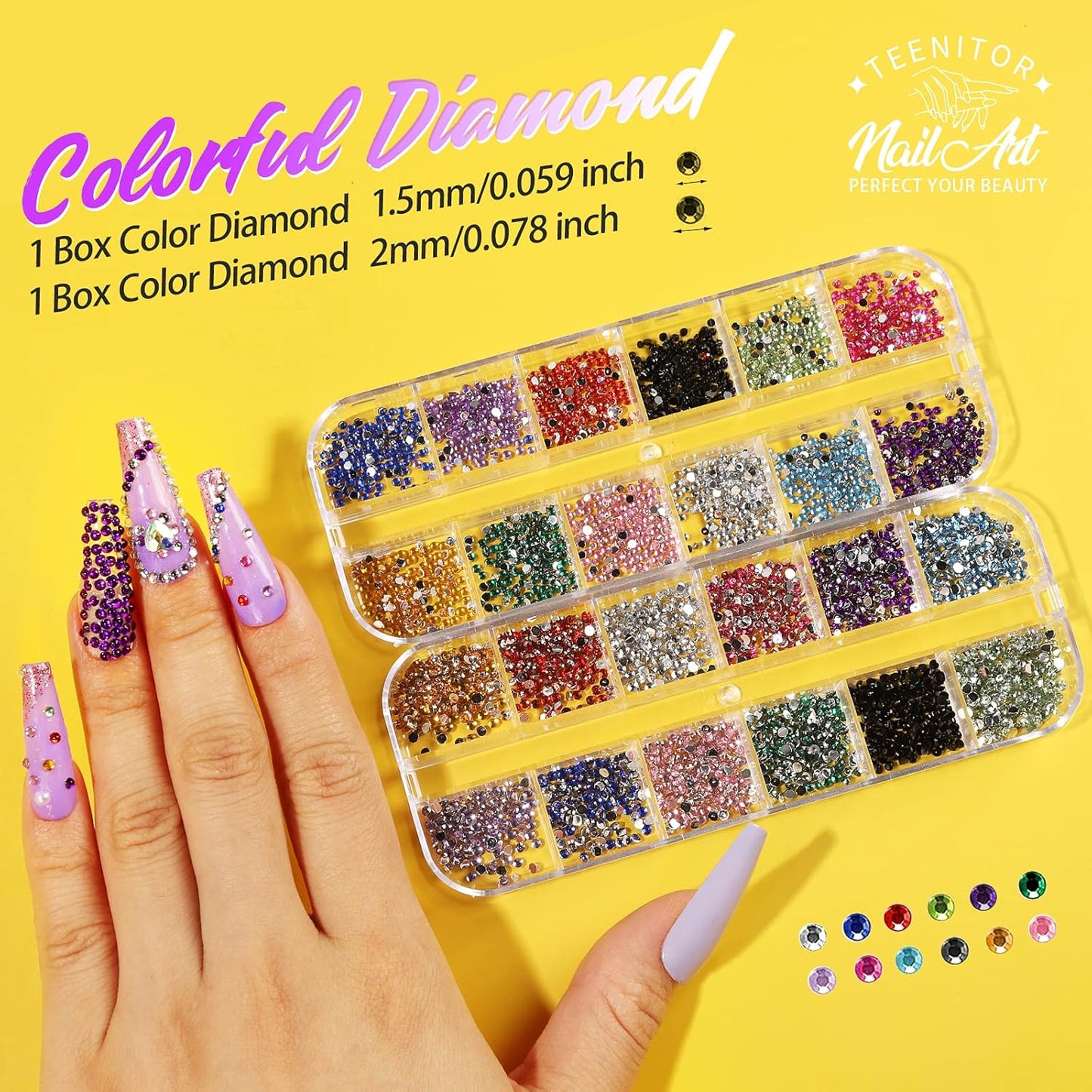 Teenitor 41 Boxes Rhinestones for Nails, Nail Gems 5 Boxes Nail Art Rhinestones 36 Boxes Nail Flakes, Nail Gems Stone Nail Design Kit, Nail Rhinestones for Nail Art Nail Accessories-Velvo Beauty