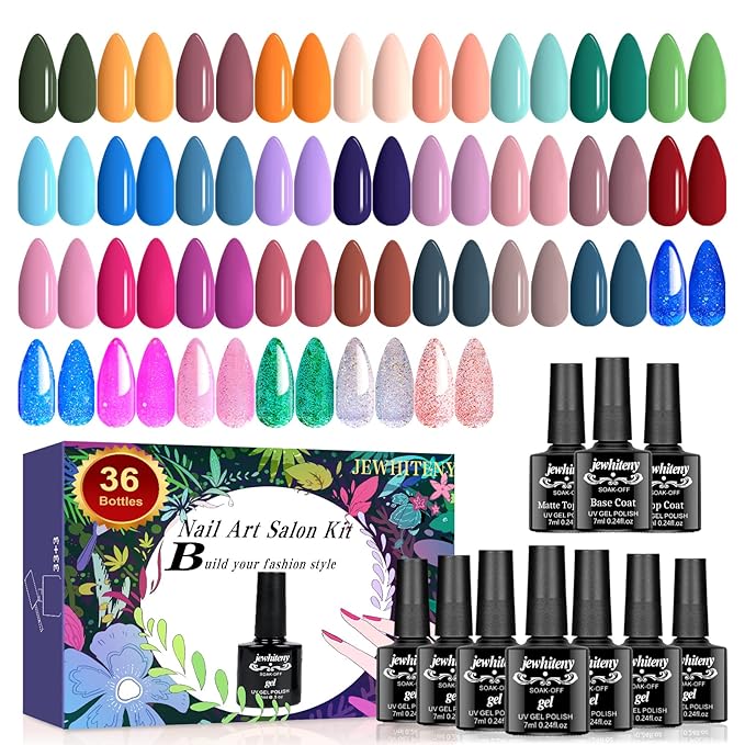 JEWHITENY Gel Nail Polish Kit, 36 Pcs 7ML Soak Off Gel Polish Set Pink Blue Green Yellow Gel Nail Kit Glitter Nail Art Starter Kit Beauty Gifts-Velvo Beauty