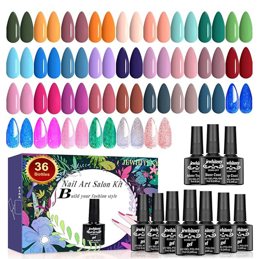 JEWHITENY Gel Nail Polish Kit, 36 Pcs 7ML Soak Off Gel Polish Set Pink Blue Green Yellow Gel Nail Kit Glitter Nail Art Starter Kit Beauty Gifts-Velvo Beauty