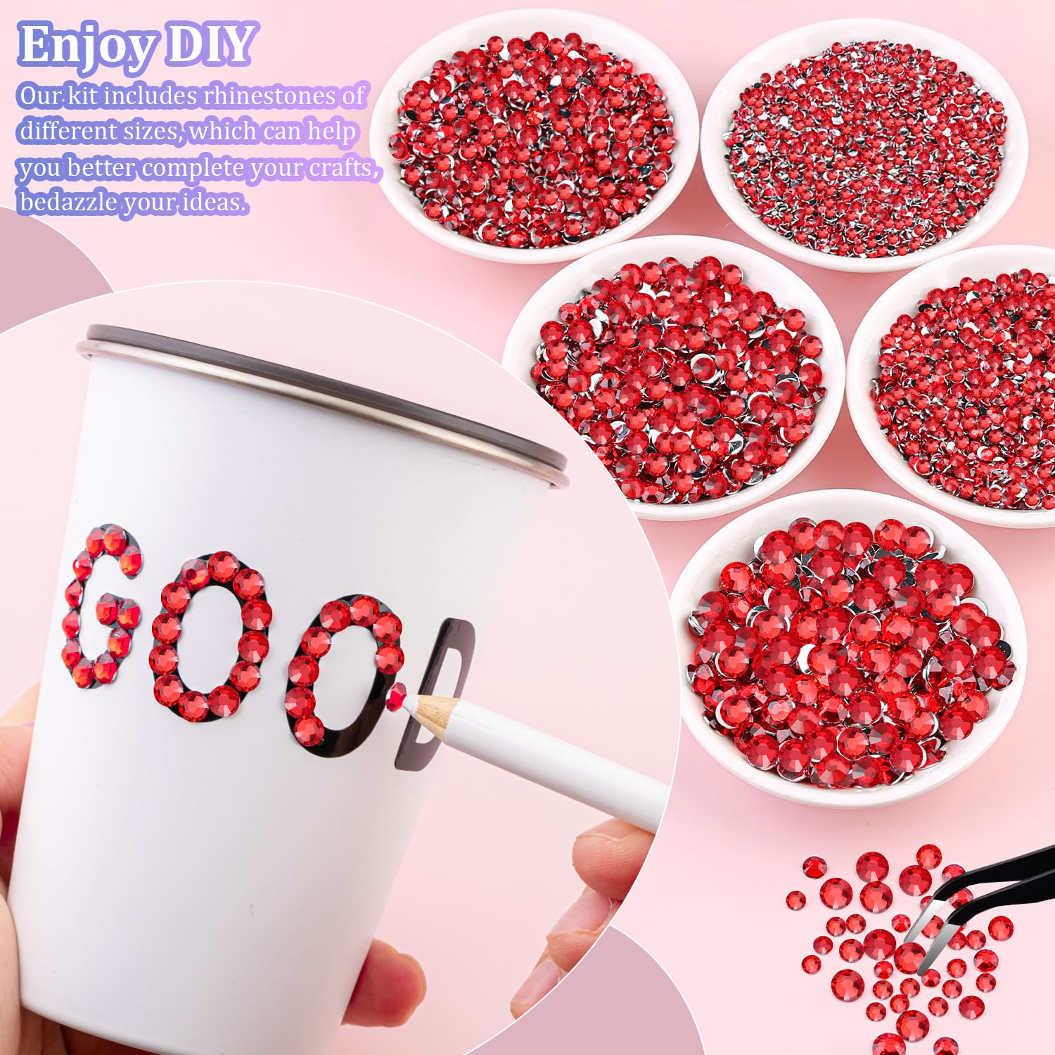 30000Pcs Red Rhinestones for Bedazzling with B7000 Jewelry Glue, Bedazzler Kit Flatback Gems, Resin Rhinestones for Crafting Crafts Clothing Shoes Fabric Nail Art Assorted Size 2/3/4/5/6mm-Velvo Beauty