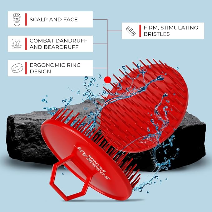 Bossman Scalp Massager & Shampoo Brush (3-inch, Red) – Head Scrubber, Beard Exfoliator & Dandruff Control for Hair & with Firm Bristles-Velvo Beauty