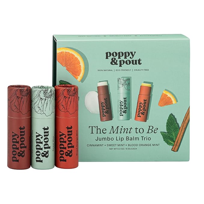 Jumbo Lip Balm Gift Set (3-Pack, Minty Flavors) | Poppy & Pout All Natural Lip Balms & Moisturizers | Hydrates with Beeswax, Vitamin E, Organic Coconut Oil | Cruelty-Free | Recyclable Cardboard Tube-Velvo Beauty