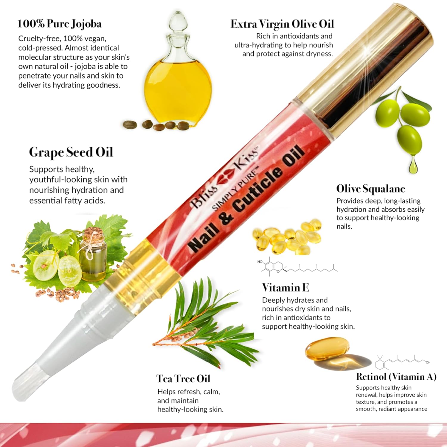 Bliss Kiss | 1 Candy Cane Fragrance | Nail Oil Cuticle Pen w/Vitamin E & Jojoba⏤Nail Strengthener Nail Growth Serum for Brittle Peeling Breaking Thin Nails-Velvo Beauty