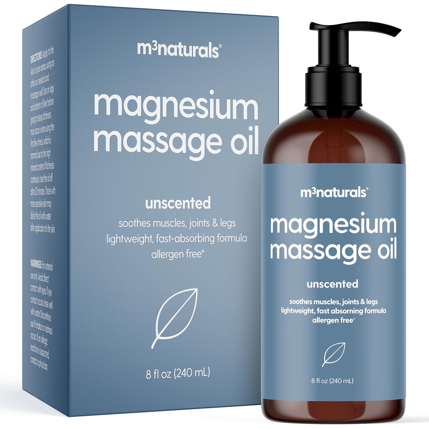 Unscented Magnesium Massage Oil for Sore Muscles, Feet, Joints and Leg Cramps, Helps with Sleeping and Post-Workout Recovery, Fragrance Free Formula for Sensitive Skin, 8 fl oz by M3 Naturals-Velvo Beauty