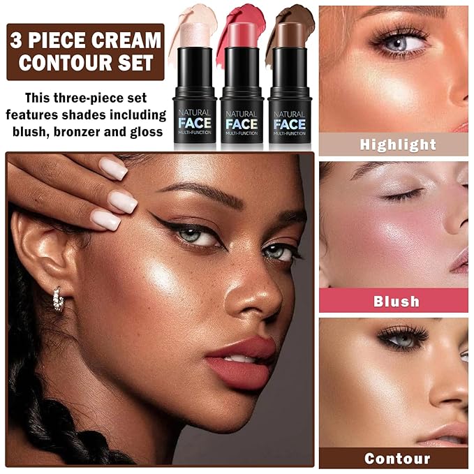 3PCS Cream Contour Stick Makeup Kit Face Highlighter Bronzer Blush Stick Long Lasting Illuminator Highlighters Makeup Stick for All Skin Tones(02 Champagne Gold+05 Rugosa Rose+06 Espresso)-Velvo Beauty