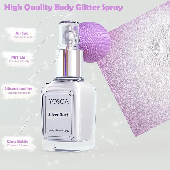 Yosca Highlighter Powder Spray, 20ML Cosmetic Grade Shimmer Powder Diamond Glitter Spray Sparkle Highlighter Makeup Festival Concert Accessorise for Rave Clothes Hair Face Nail Art - Silver Dust-Velvo Beauty