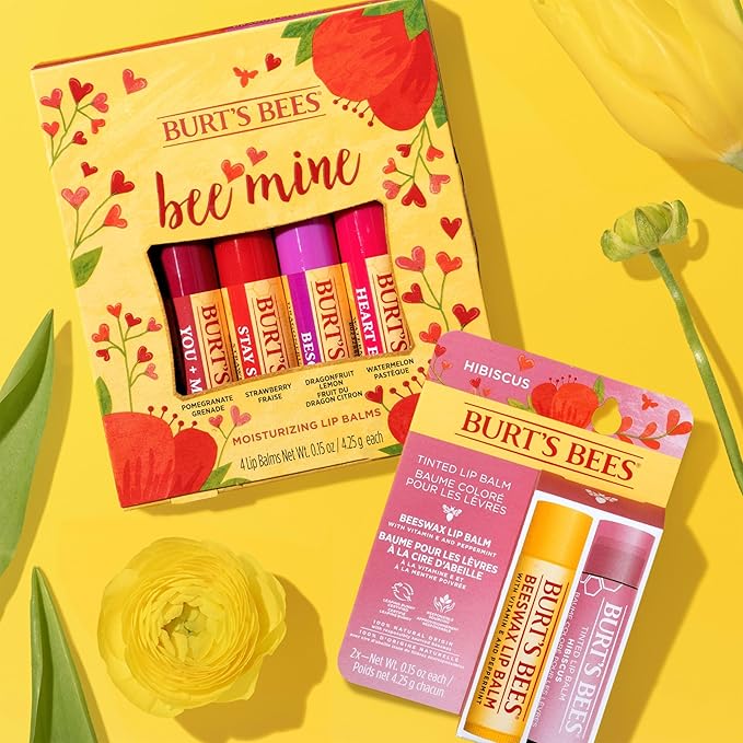 Burt's Bees Bee Mine Lip Balm Gift Set, Strawberry, Dragonfruit Lemon, Pomegranate and Watermelon, 4 Personalized Lip Balms, Pack May Vary-Velvo Beauty