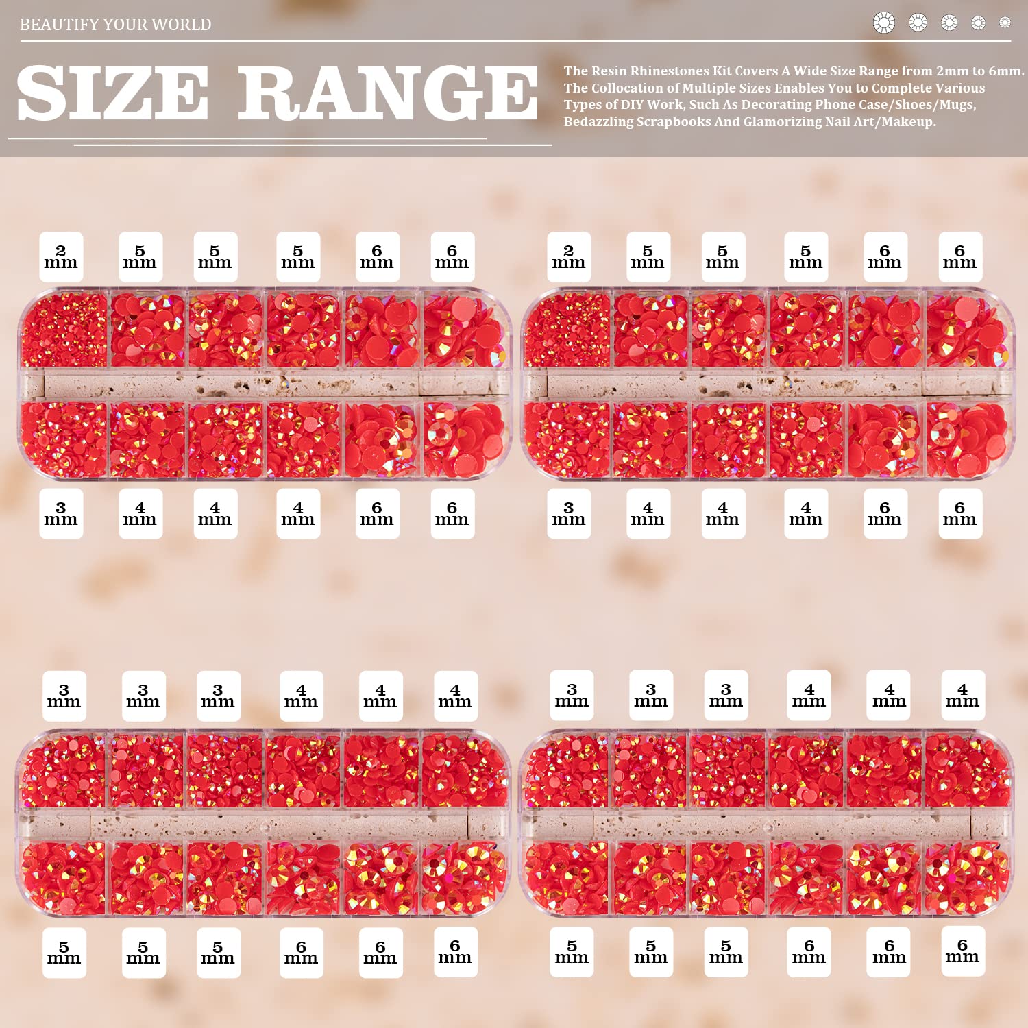 7000PCS Resin Rhinestones with Tweezers for Crafting, 2/3/4/5/6mm Flatback Jelly Rhinestones, 4 Box Red AB Non Hotfix Crystal Gems for DIY Crafts Mugs Tumblers Clothes Makeup Nail-Velvo Beauty