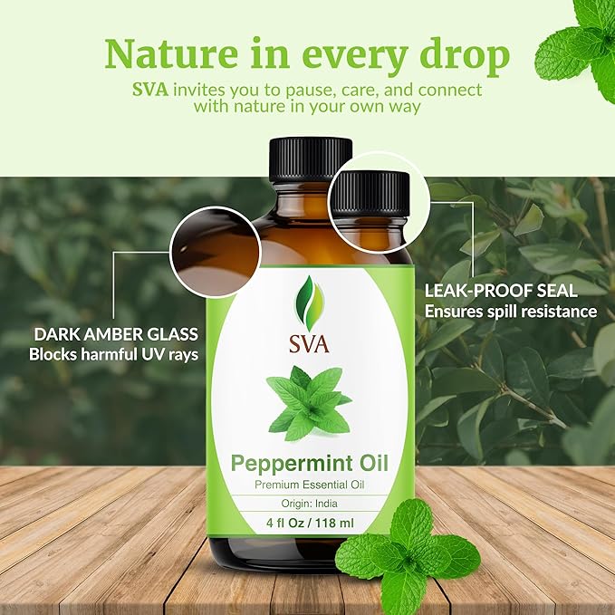 SVA Peppermint Essential Oil – 4 Fl Oz – 100% Natural Peppermint Oil - for Diffuser, Hair Care, Face, Skin Care, Aromatherapy, Scalp and Body Massage, Soap and Candle Making - with Dropper-Velvo Beauty