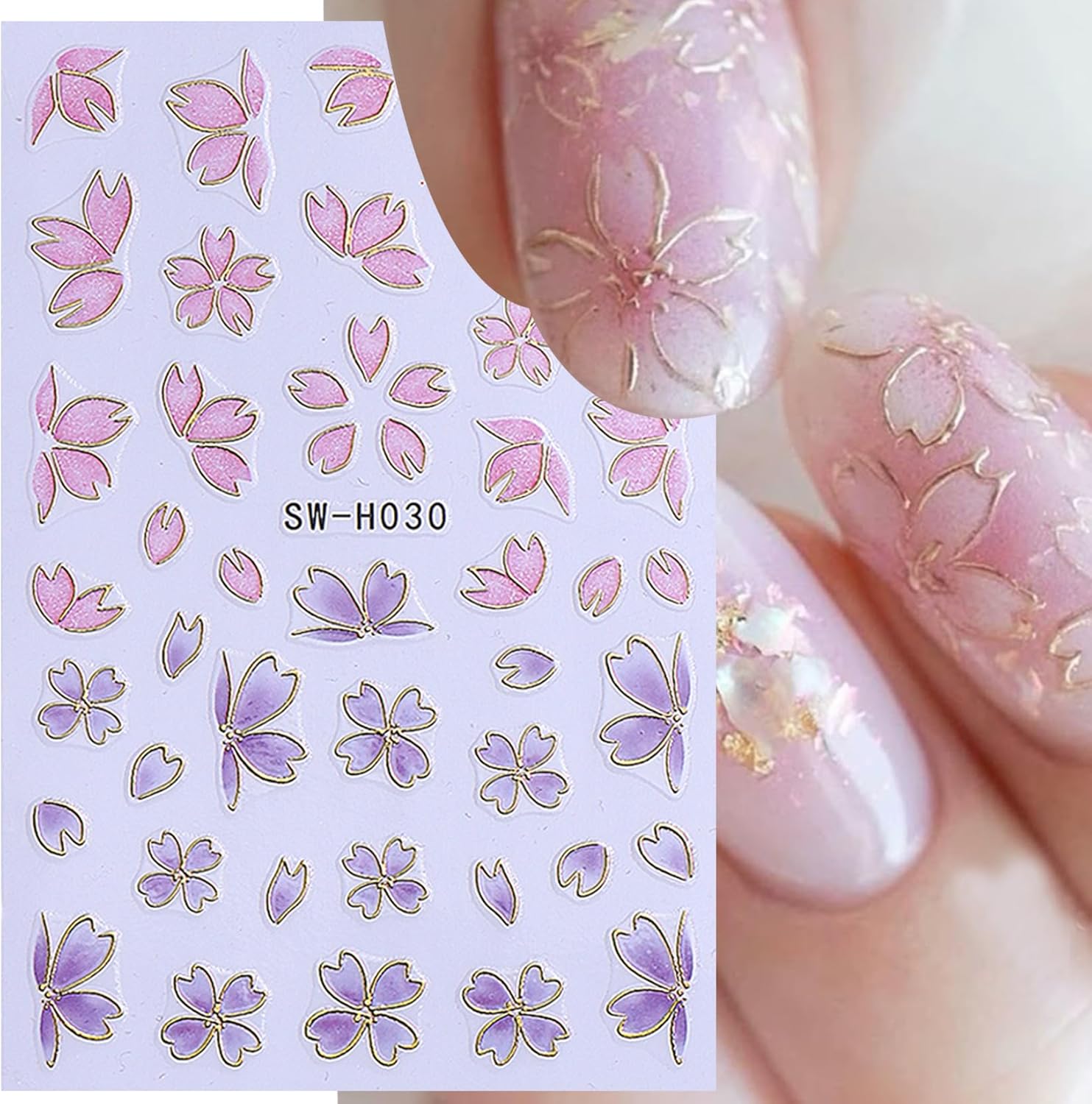 3D Flower Nail Art Stickers Decals Luxury Flower Petal Stickers with Tweezers 12 PCS Self Adhesive Pink Purple Blue Floral Gold Edge Decals Cherry Blossom Lily Summer DIY Manicure Nail Art Decoration-Velvo Beauty