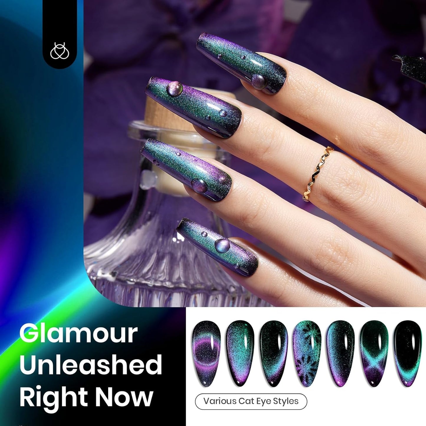 Beetles Cat Eye Chrome Nail Powder Set, 2 in 1 Holographic Metallic Mirror Effect Chameleon Galaxy Powder with No Wipe UV Gel Top Coat Magnet for Velvet Metallic Nail Art-Velvo Beauty