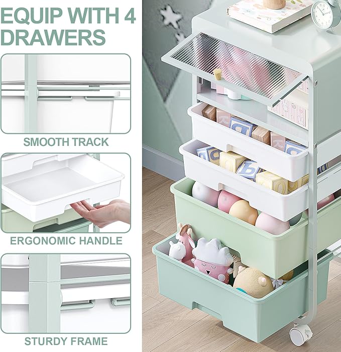 Utility-Rolling-Storage-Drawer-Craft-Cart-Organizers with 4 Drawers & Dust-proof Door for Kid Craft Art Room,Bedroom,Home Office, 4 Tiers Drawer cart, Green-Velvo Beauty