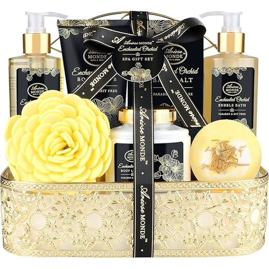 Spa Gift Baskets for Women, Gift Set for Mom Enchanted Orchid Scent, Home Spa Kit with Bubble Bath, Body Lotion, Bath Bomb, Bath Salt, Bath Gift Baskets, Birthday Gifts for Women-Velvo Beauty
