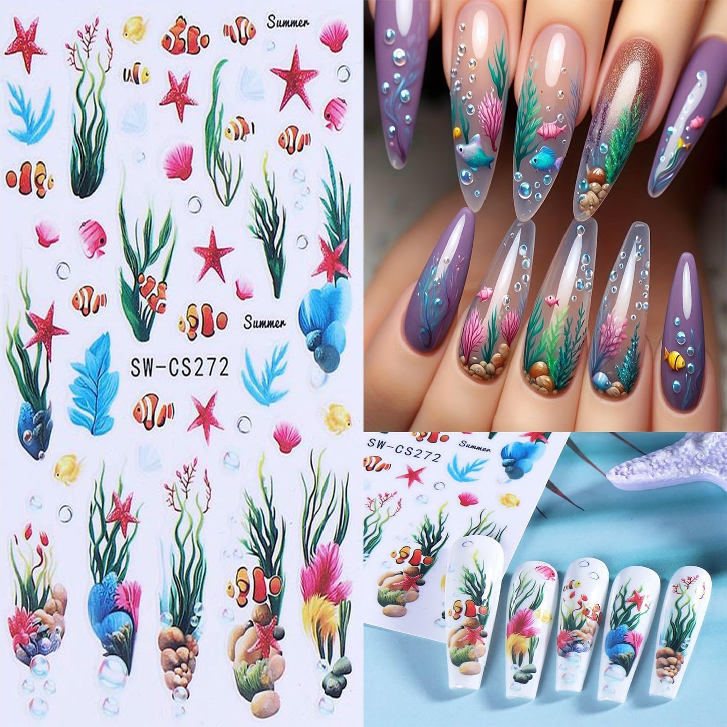 6 Sheets Ocean Plant Nail Art Stickers 3D Self -Adhesive Colorful Seaweed Shell Nail Decals Holographic Cute Fish Starfish Bubbles Nail Stickers Summer Nail Decoration for Women Manicure Supplies-Velvo Beauty