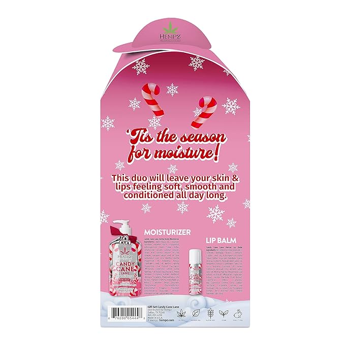 Hempz Holiday Gift Set, Candy Cane Lane Moisturizer (17 Oz) & Lip Balm (.44 Oz) – Holiday Moisturizing Lip Balm & Hydrating Lotion Skin Care Gift Set for Women & Men for Combatting Dry Lips & Skin-Velvo Beauty