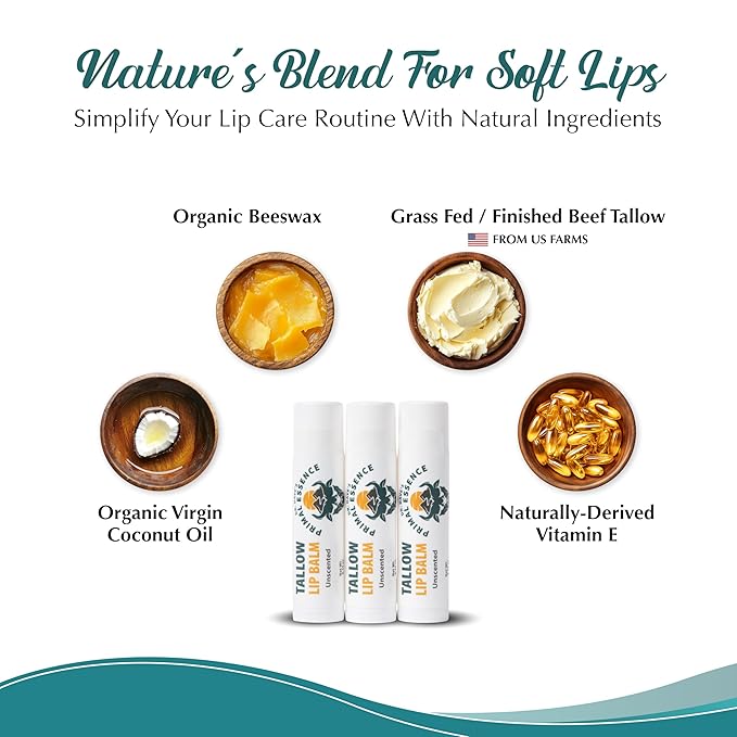 Moisturizing Tallow Lip Balm – Grass-Fed Beef Tallow with Organic Coconut Oil, Beeswax, and Vitamin E – Unscented Lip Balm Set – Travel Essential - 3-Pack-Velvo Beauty