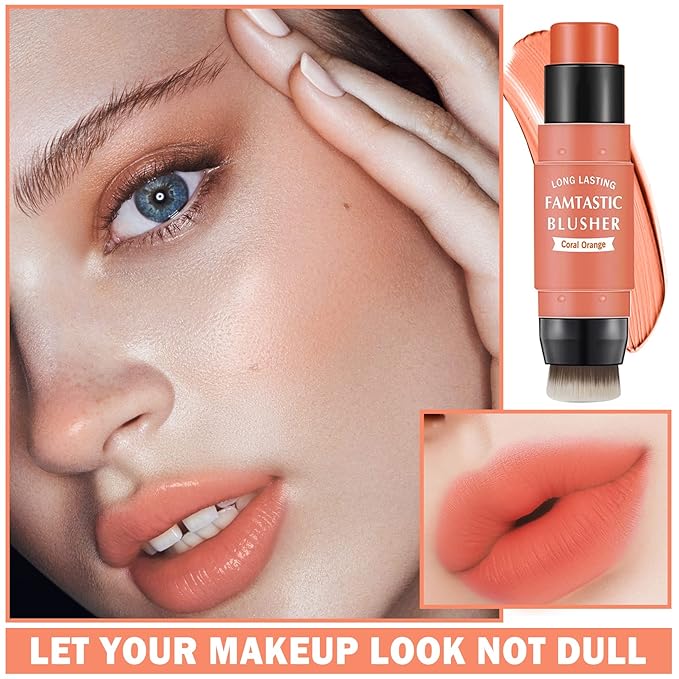 Cream Blush Stick with Brush,Waterproof Blush Makeup,Long Lasting 3 In 1 Cheek Blush & Lip Tint & Eye Shadow Makeup Stick,Easy To Use Blends Effortlessly,Cream Blush Makeup for All Skin Tones - Coral Orange-Velvo Beauty