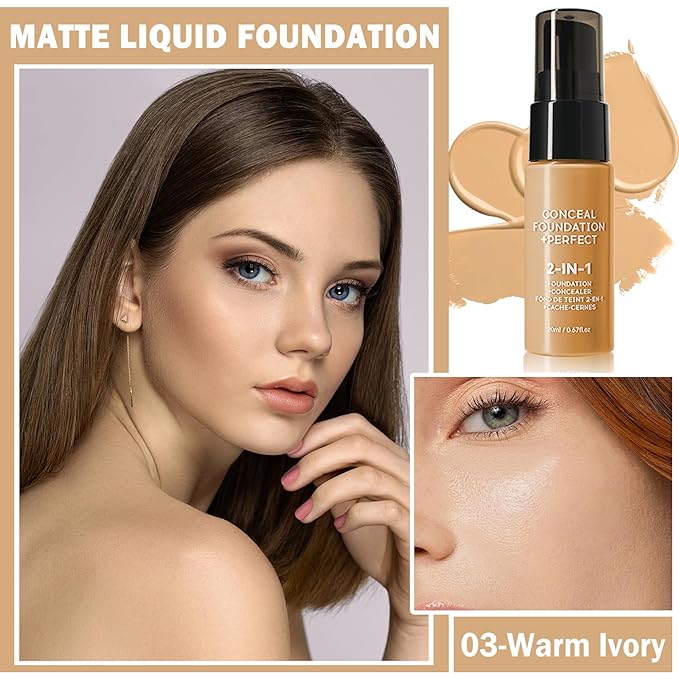 Concealer Full Coverage Foundation for Mature Skin,Oil Control Matte 2 in 1 Concealer liquid Foundation Makeup Waterproof Base De Maquillaje Alta Cobertura-03 Warm Ivory-Velvo Beauty