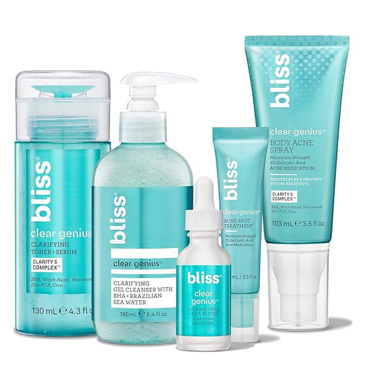 Bliss Acne-Prone Skin Bundle - Clear Genius Toner, Body Spray, Spot Treatment BHA Salicylic Acid and Clarifying Peel & Cleanser-Velvo Beauty