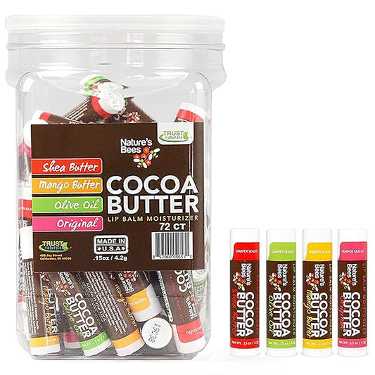 Nature's Bees - Cocoa Butter Lip Balm Moisturizer - Original 72 Pack, 4 Flavors - Original, Shea Butter, Mango Butter, Olive Oil - Made w/Coconut Oil, Beeswax, Vitamin E, Aloe - 0.15oz (4.2g)-Velvo Beauty